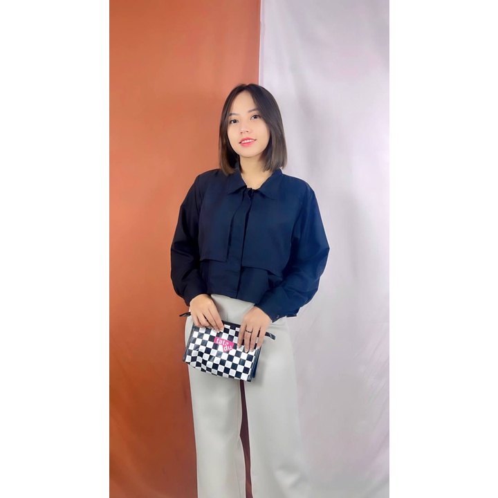 Tq88indonesia Fashion Kemeja Wanita Lengan panjang Terbaru / Anne Crop Shirt / Kem / Hem Polos / Busana Casual Wanita / Ootd / Outfit Kasual Kekinian