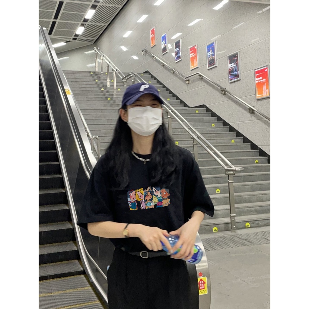 EUNII T-shirt Lengan Pendek Imut Kartun Angka Pencetakan Longgar Korean Style/Kaos Atasan Wanita/Baju Kaus Oversize Wanita