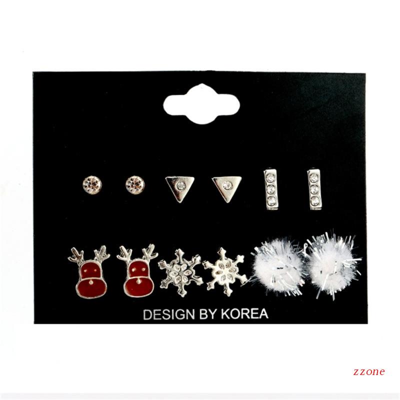 6 Pasang Anting Stud Desain Rusa Snowflake Natal Untuk Wanita