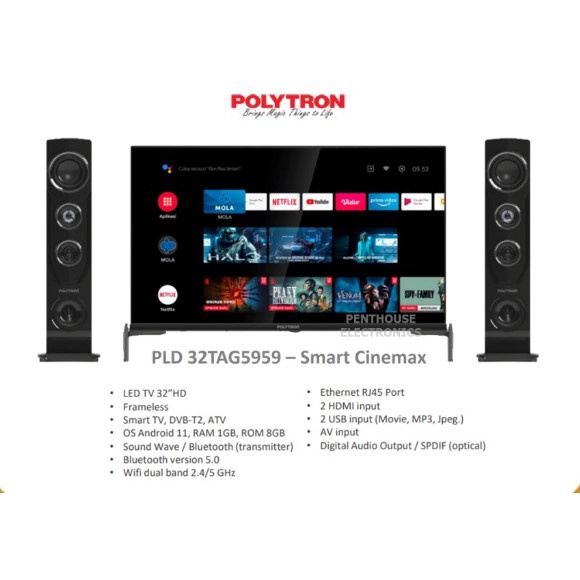 Polytron LED Smart Android TV 32&quot; + Speaker Tower PLD 32TAG5959 DVB-T2