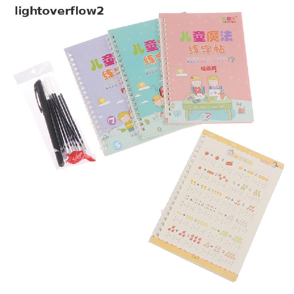 (lightoverflow2) 4pcs / Set Buku Belajar Menulis Huruf / Angka Dengan Pen Untuk Anak (ID)