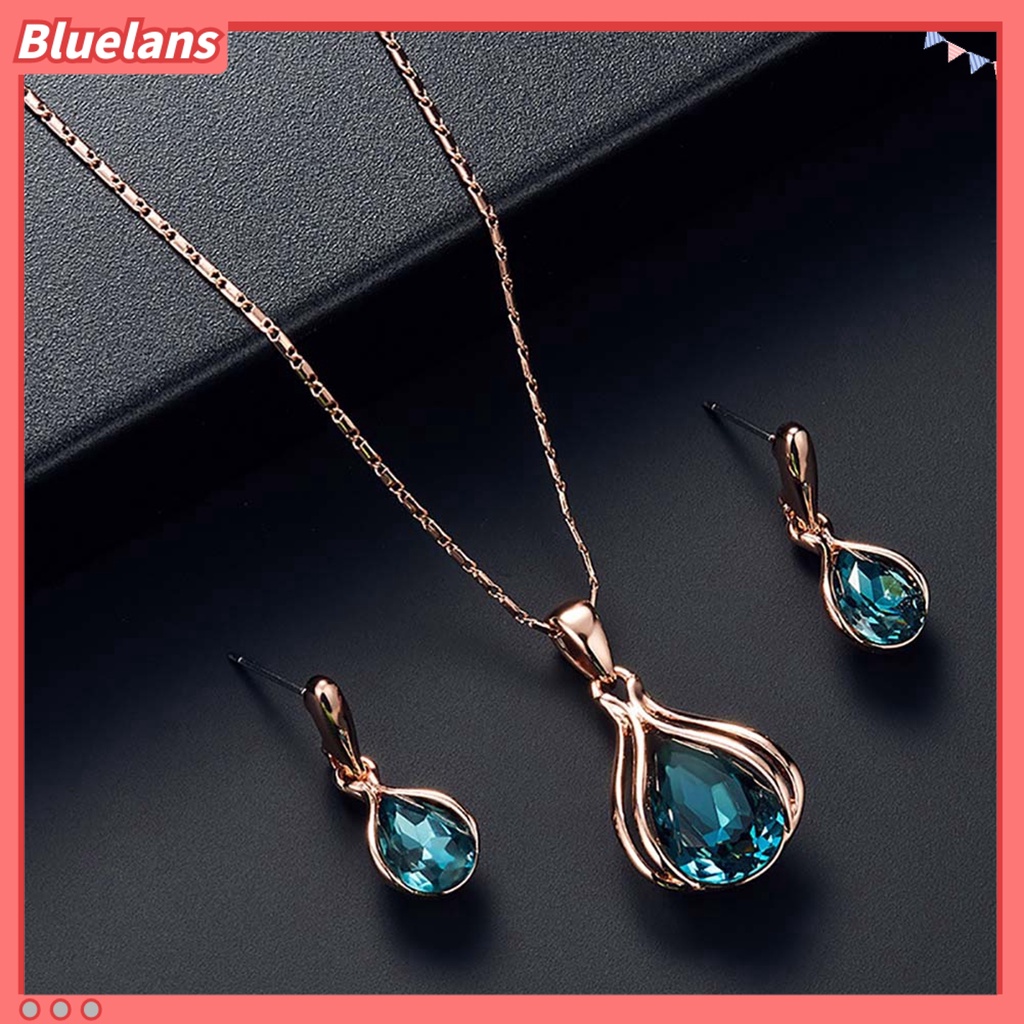 Bluelans Women Cubic Zirconia Water Drop Pendant Necklace Ear Stud Earrings Jewelry Set