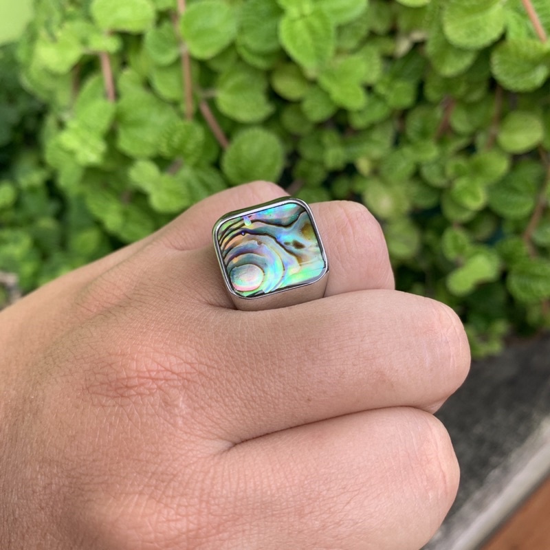 Cincin Batu Kerang Mutiara Abalone Shell Rainbow Ring Titanium Stainless Steel