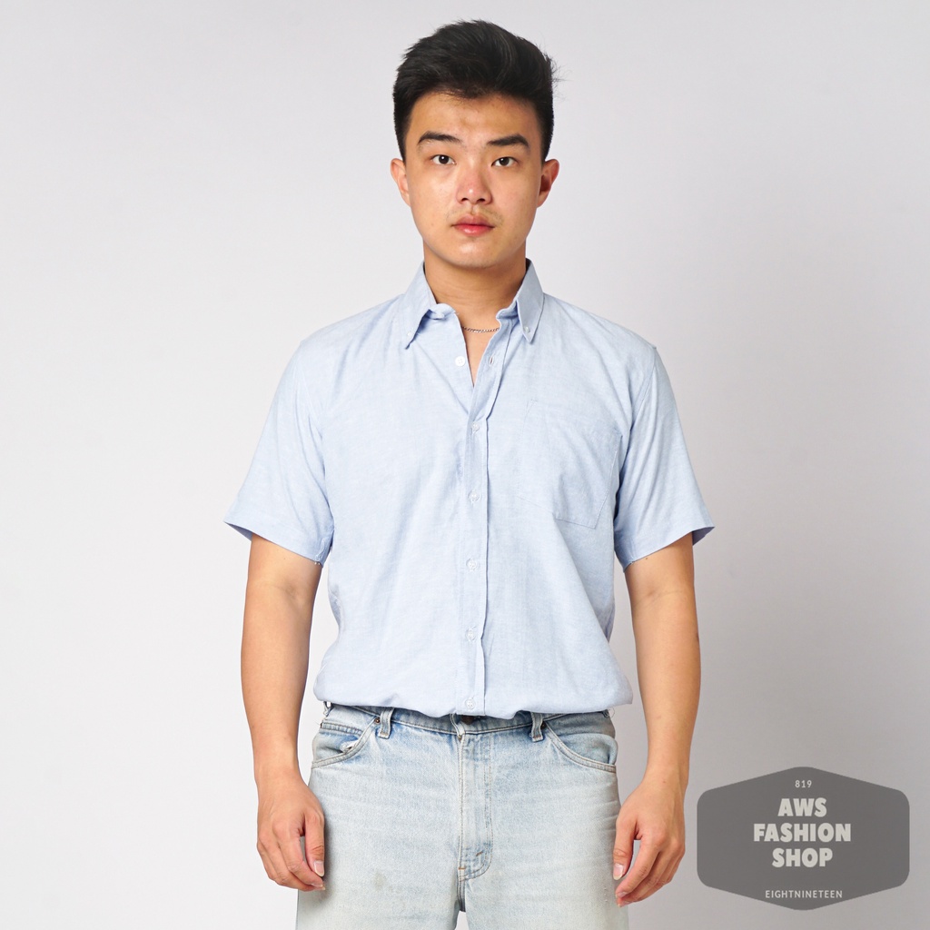 819 Kemeja Pria Lengan Pendek Polos Baby Blue Biru Muda Oxford Basic SIMPLE Slimfit Casual Tersedia Ready Sampai Size JUMBO BIG SIZE XXL XXXL
