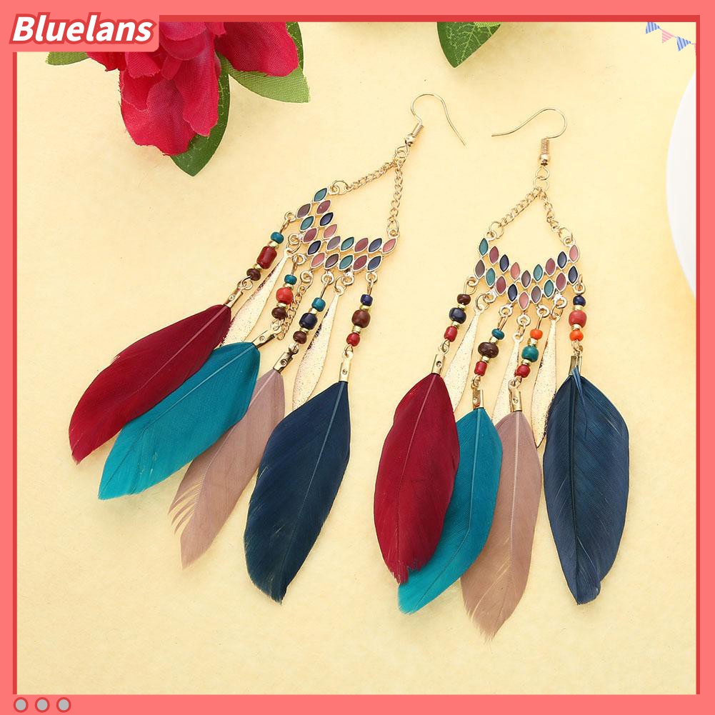 Anting Kait Gantung Panjang Desain Bulu Gaya Vintage Boho Untuk Wanita