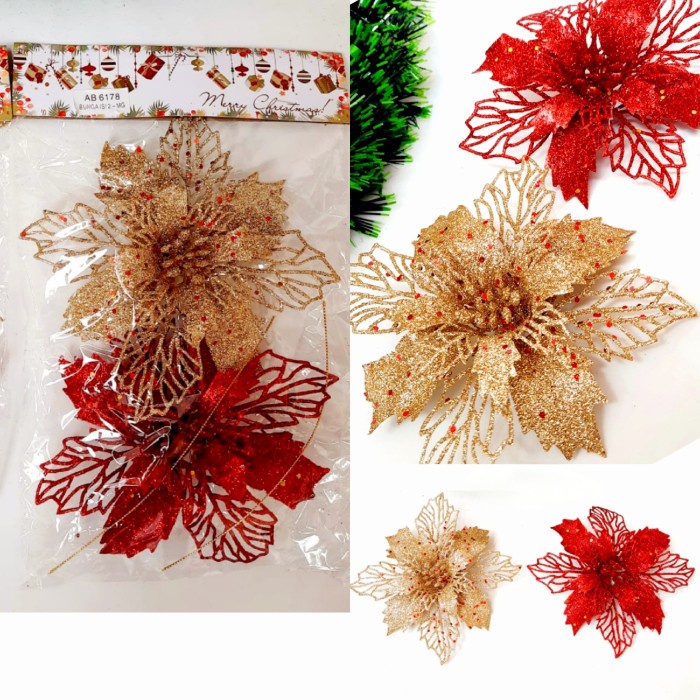 Paket Bunga Natal Emas Merah Hiasan Natal Christmas Flower Grosir Xmas Hiasan Natal Harga Grosir Termurah