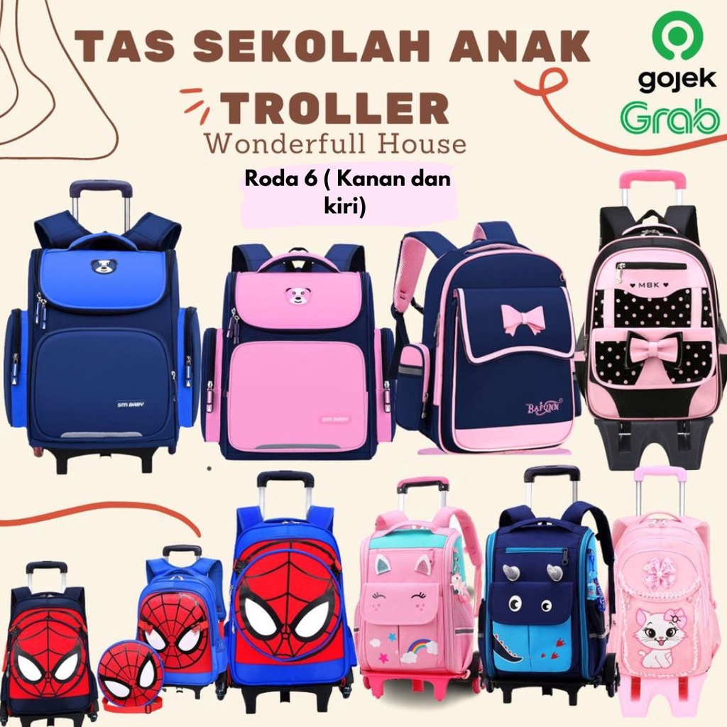 Tas Ransel Anak Trolley Karakter Tas Troli Anak Sekolah Dorong Koper Tas Sekolah Troller Anak Perempuan Laki-Laki Trolly Spiderman Karakter Unicorn Tas Import Trolley Roda 3