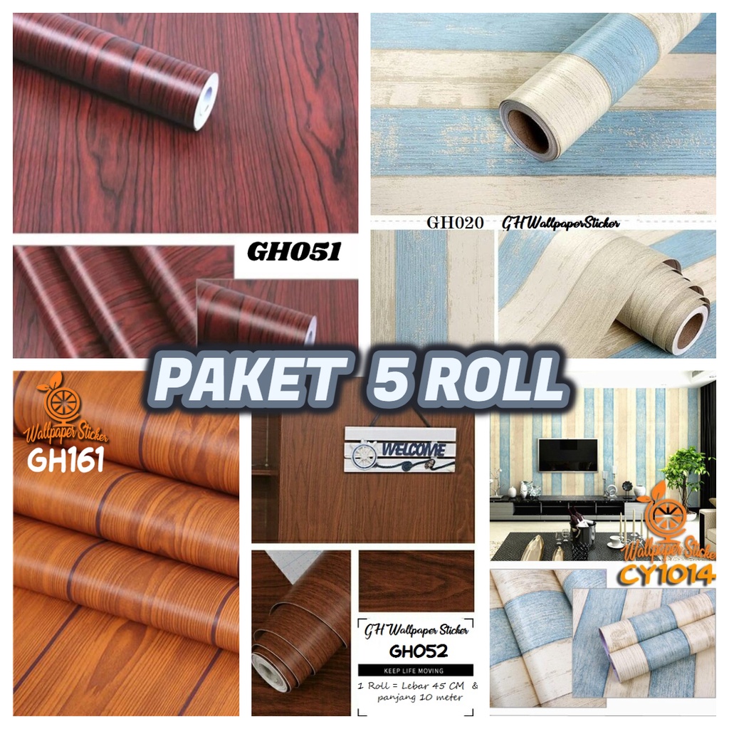 PROMO PAKET 5 ROLL Wallpaper Dinding TERMURAH UK 45CMx5m Premium High Quality Bisa Cod