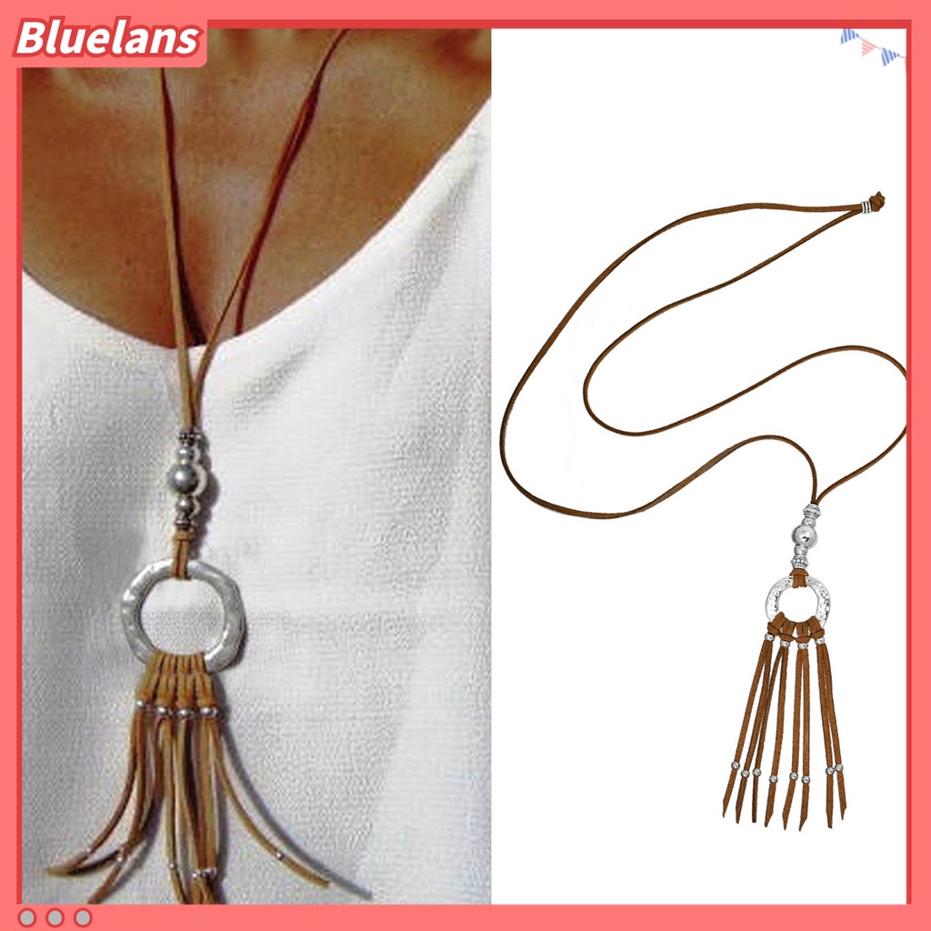 Kalung Choker Panjang Bahan Kulit Tiruan Gaya Bohemian Untuk Wanita