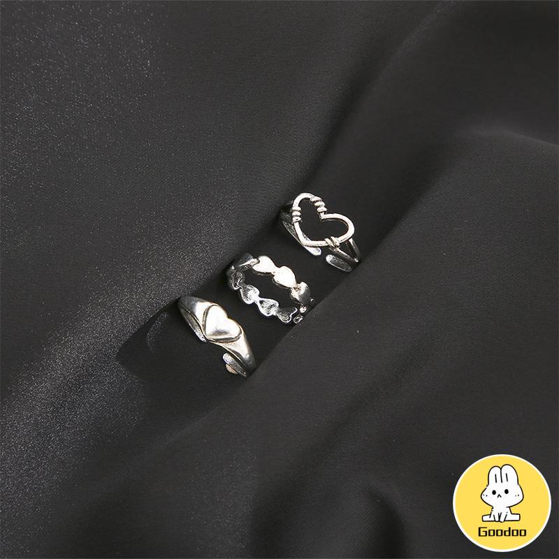 3pcs Cincin set korea Model Terbuka Desain Gelombang Hati Warna cincin Silver Gaya Vintage Wanita -Doo