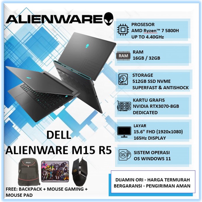 Laptop Gaming Dell Alienware M15 R5 Ryzen 7 5800H RAM 16GB 32GB SSD 512GB RTX3070-8GB 15.6" FHD 165H