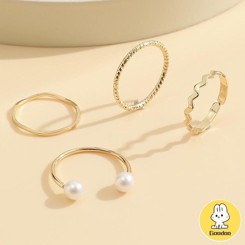 4 Pcs/set Korea Cincin Emas Untuk Wanita Sederhana Mutiara Elegan Cincin Set Dapat Disesuaikan Terbuka Perhiasan Hadiah -Doo