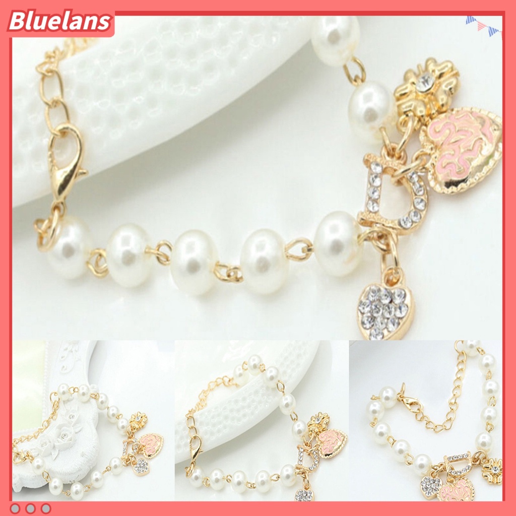 Bluelans Women Fashion Love Heart Pendant D Letter Rhinestone Faux Pearl Chain Bracelet Party