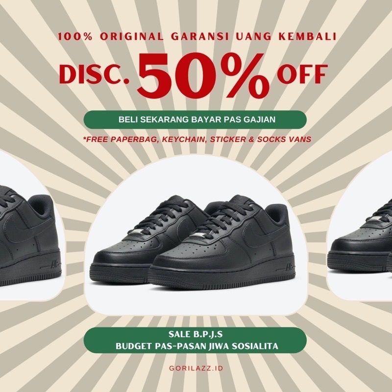 Sepatu Nike Air Force 1 full black / Hitam Original 100% BNWB