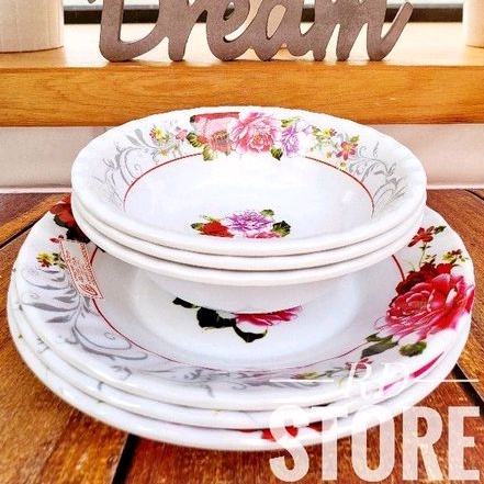 PROMO 6.PCS ISI NYA 3.PIRING &amp; 3.MANGKOK ULIR ROSE MELAMINE