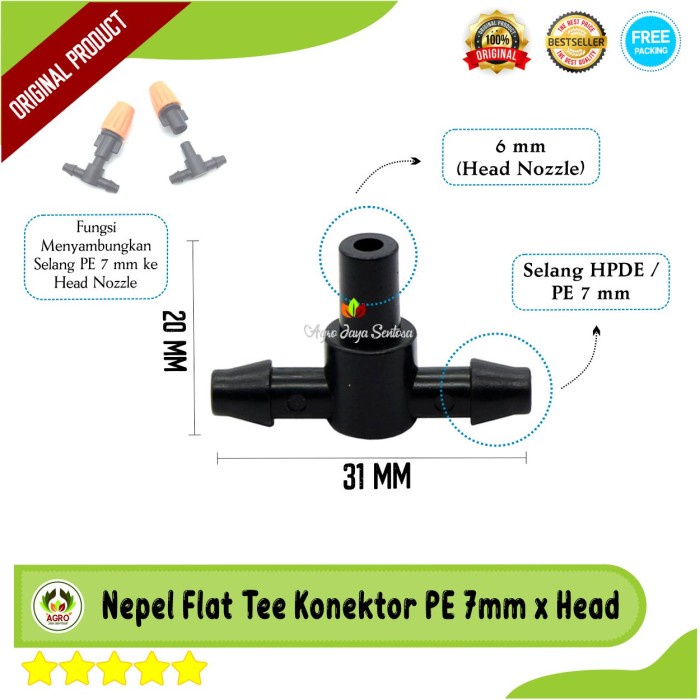 Nepel Flat Tee Konektor Selang PE 7 mm ke Head Nozzle Sprayer Fogger