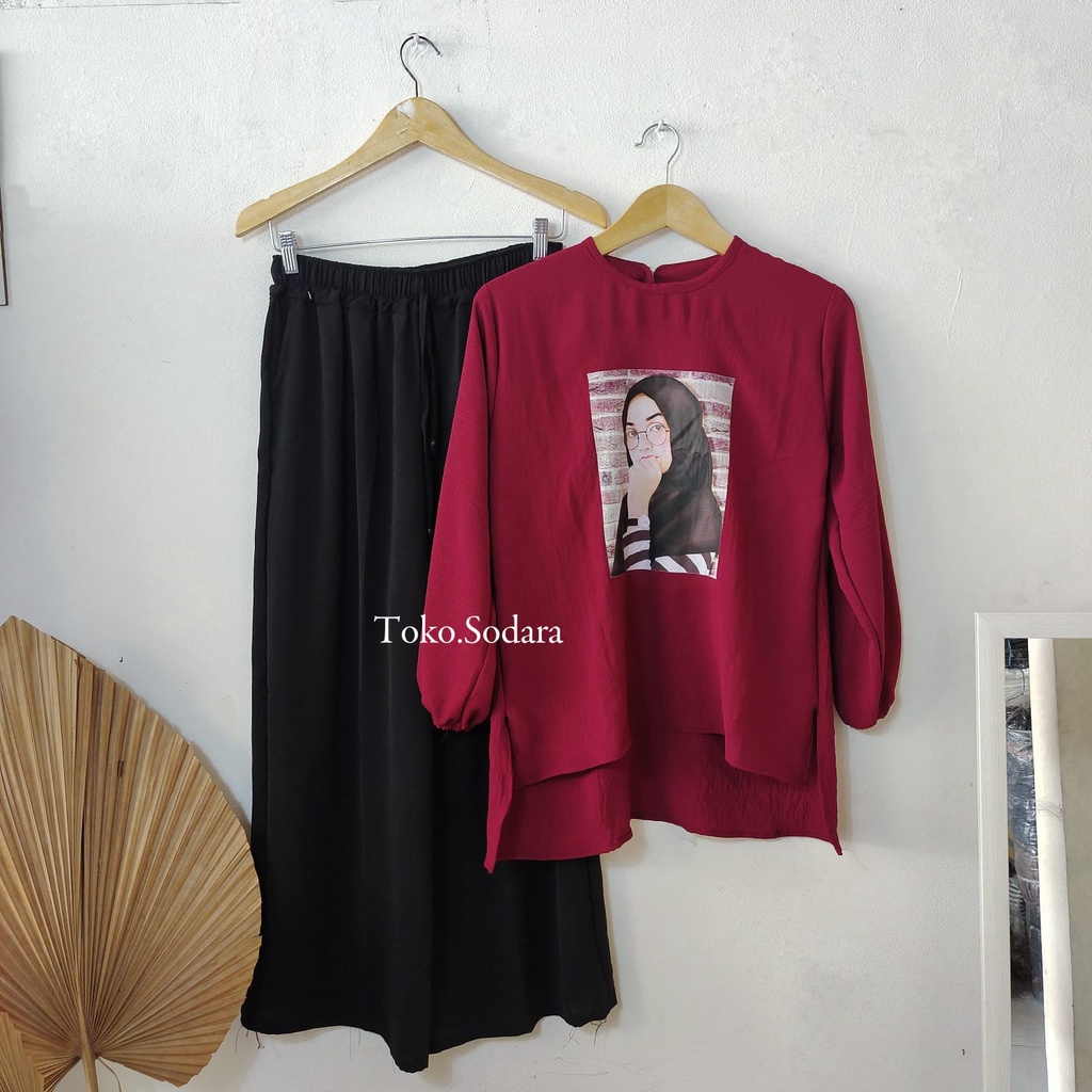 Setelan Nisa Crincle Motif Sablon One Set Pakaian Wanita // Setelan Wanita Free Hadiah