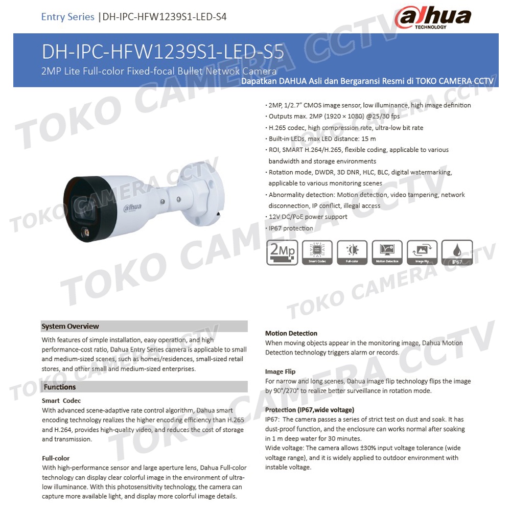 IP CAMERA 2MP FULL COLOR DAHUA IPC-HFW1239S1-LED-S5 IP KAMERA POE