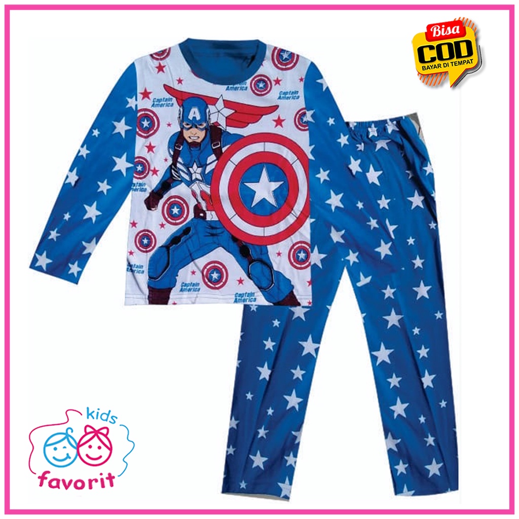 Favorit kids Piyama baju tidur anak laki laki motif kapten amerika Setelan lengan panjang anak laki laki 1 tahun - 10 tahun
