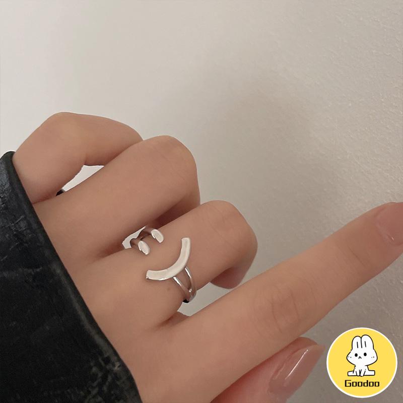Cincin Model Terbuka Adjustable Desain Smiling Face Warna Silver Untuk Wanita -Doo