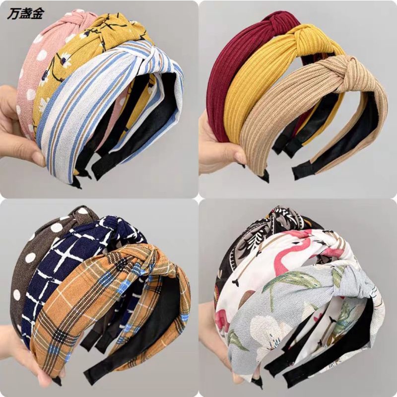 Bando Korea Motif Garis Kotak Brand GC Lebar 4cm Bando Simpul Wanita Bandana Frame Motif Garis Headband