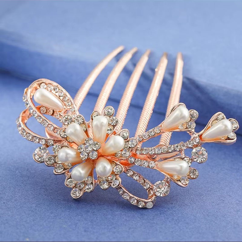 Sisir Rambut Bentuk Bunga Aksen Mutiara Dan Berlian Imitasi Bahan Alloy Untuk Wanita