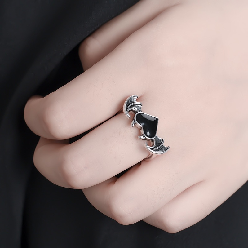 Unisex Couple Fashion Aksesoris Pesta Korea INS StyleOpening Adjustable Cincin Pecinta Sederhana Berbentuk Hati Cincin Punk Setan Sayap Rings