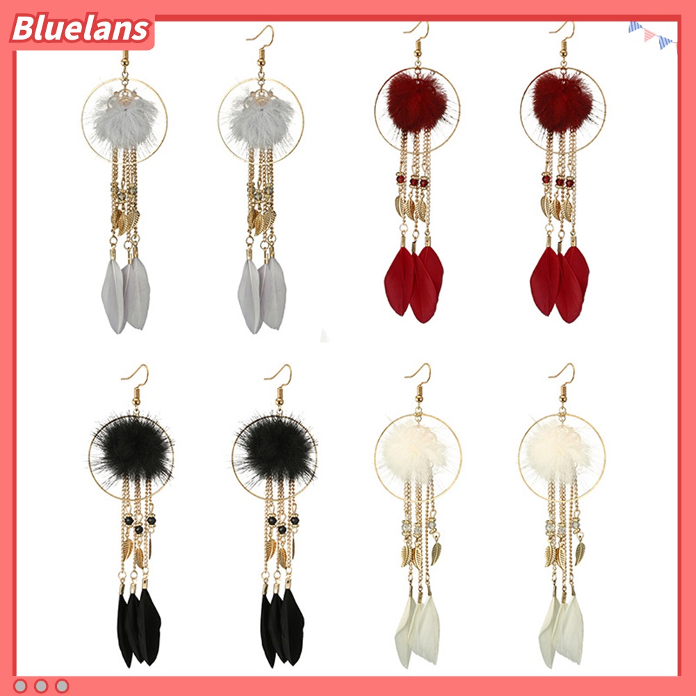 Anting Kait Gantung Panjang Desain Daun + Bulu Untuk Wanita