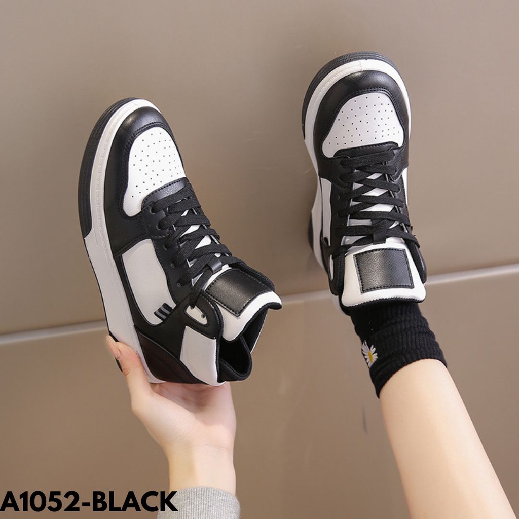 SEPATU SNEAKERS WANITA HIGHCUT BLACK WHITE HIGH QUALITY DESAIN SIMPLE BAHAN PU IMPORT A1052 JAZE