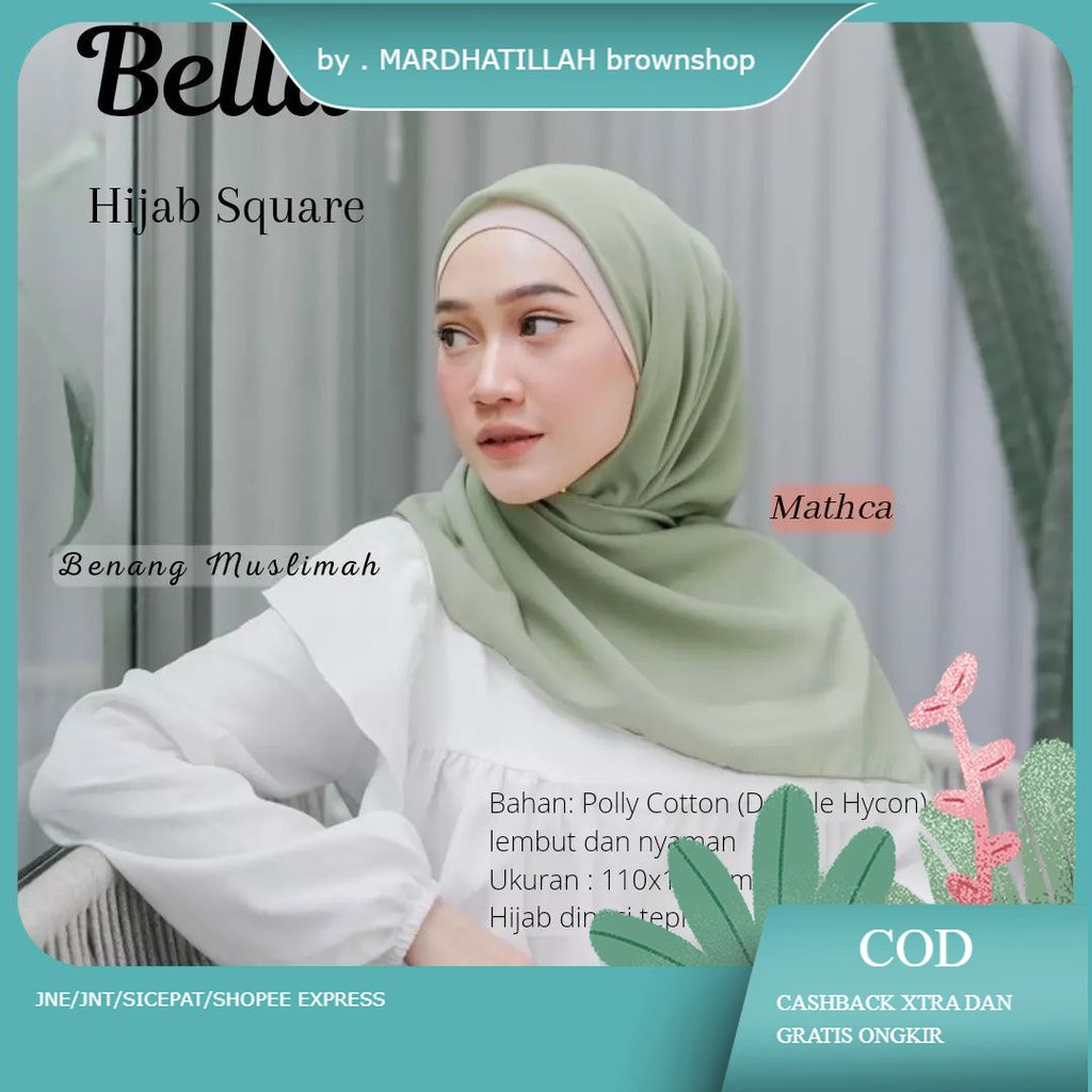 kerudung jilbab segi empat BELLA SQUARE polos bahan double hycon ( pollycotton ) premium jahit tepi 