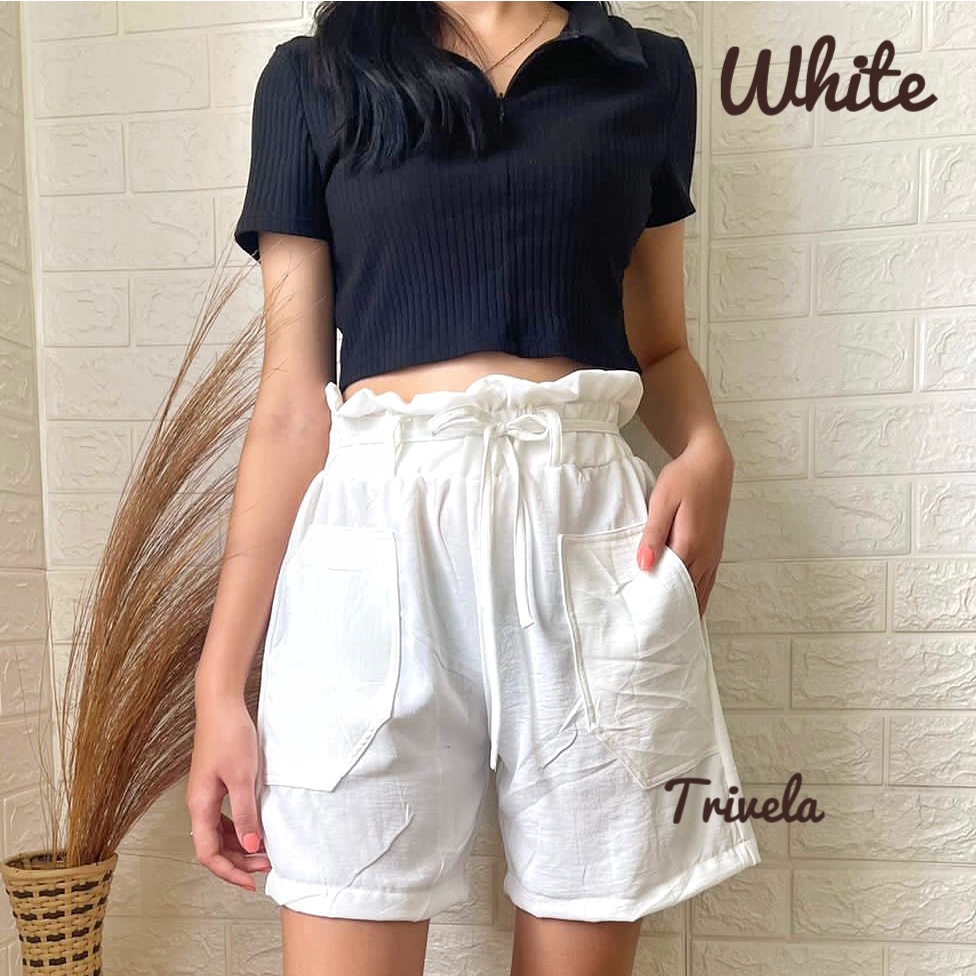 TRIVELA - Celana Pendek Crinkle Wanita 8801 / Hotpants Cringkle Kantong Tempel / Celana Pendek Pinggang Karet / Melyn / SJJ