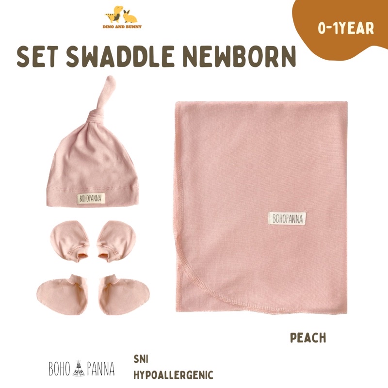 SET SWADDLE +  KNOT HAT + MITTEN BOOTIES + FREE POUCH - Special Bundle 3 in 1 - Bohopanna -Hempers Newborn Set Bedong Topi Sarung Tangan Kaki Bayi - Selimut Bayi