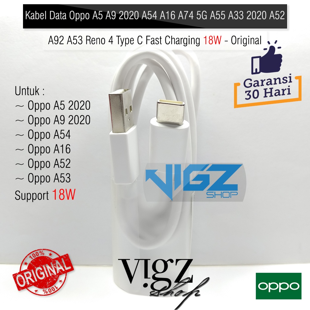 Kabel Data Charger Oppo A16 A33 2020 A52 A53 A54 A5 A9 2020 A74 5G A92 Reno 4F Type C Fast Charging 18W Original