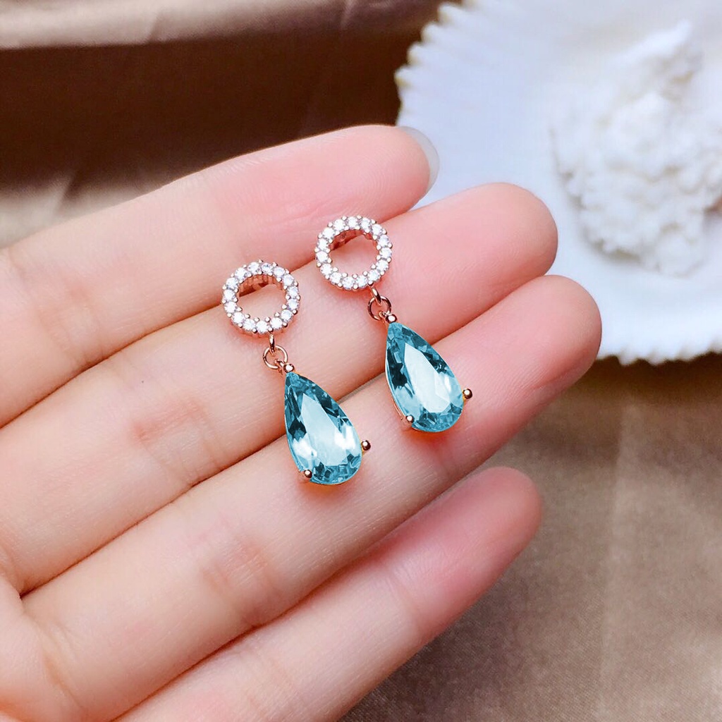 Goldkingdom Perhiasan Fashion 24K Bangkok Aksesoris Ready Stock Topaz Liontin Kristal Transparan Gloss Tuntas Berlapis925 Sterling Silver Topaz Biru Stud