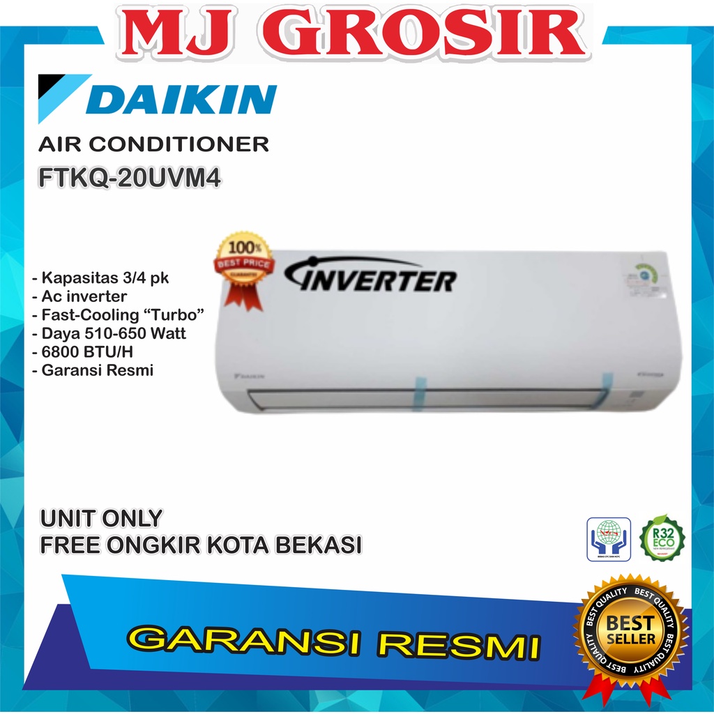AC DAIKIN FTKQ 20 UVM4 RKQ 3/4 PK FTKQ20UVM4 3/4PK R32 FLASH INVERTER UNIT ONLY