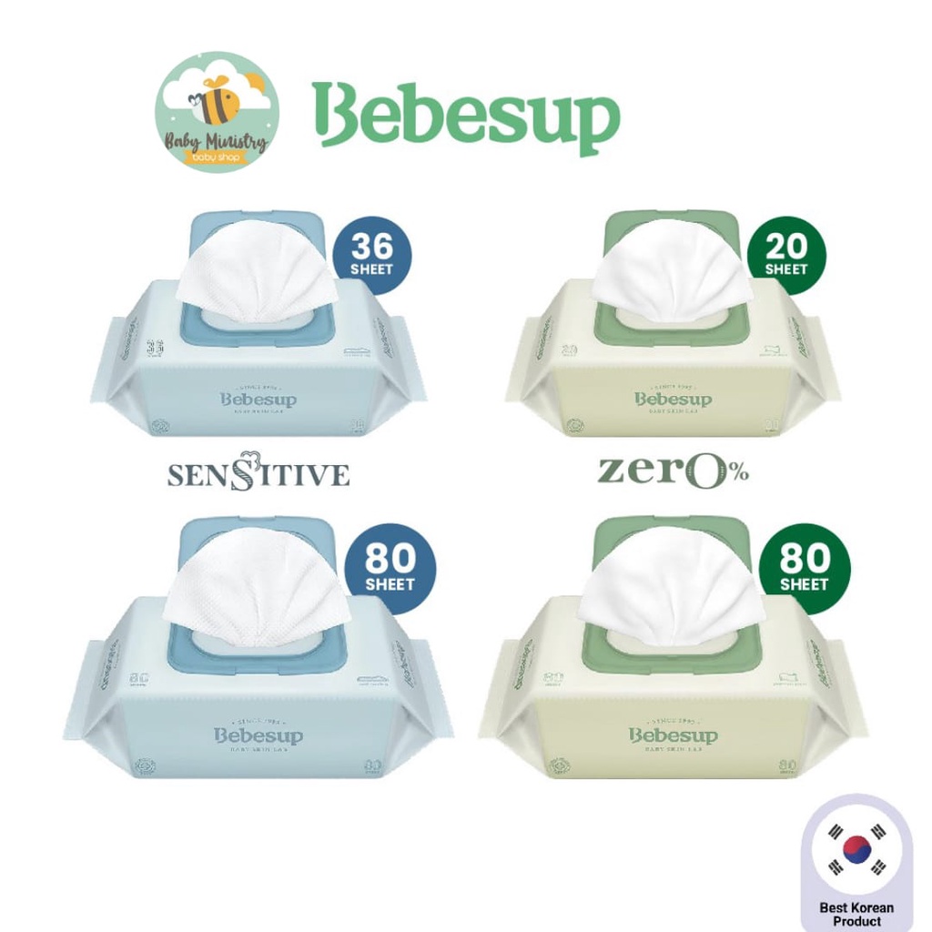 Original BEBESUP Zero /Sensitive/Light Baby Wipes - Tissue/Tisu basah bayi (20 Sheets /36 Sheets/80 sheets) / sensitive skin / non alkohol/ non paraben/ aman untuk nappy bayi anti iritasi/anti ruam/ tisu wajah/ bahan alami/ tisu non parfum / traveling