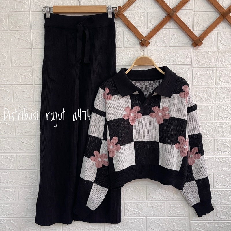 ONESET FAMELA SWEATER RAJUT BUNGA SETELAN CELANA KULOT RAJUT