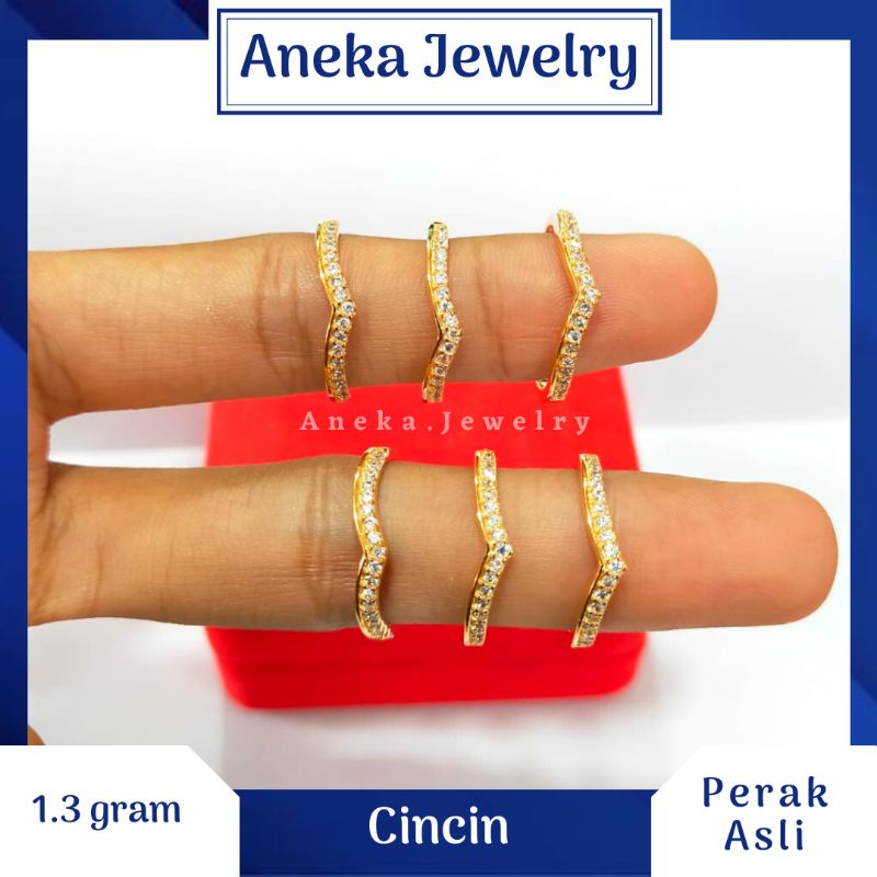 Cincin V Sebaris Full Mata-Mata, Perak 925, Sepuh Emas Kuning