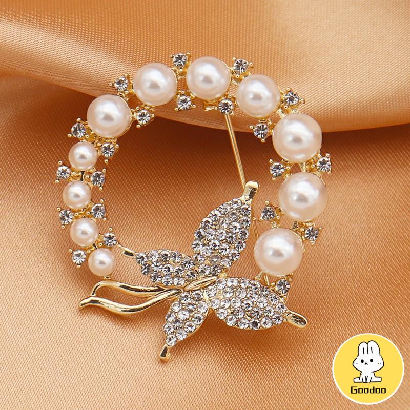 Candy Jewelry Fashion Korean Butterfly Brooches Gold Color Pearl Brooch Pins Rhinestone Breastpin for Women -Doo