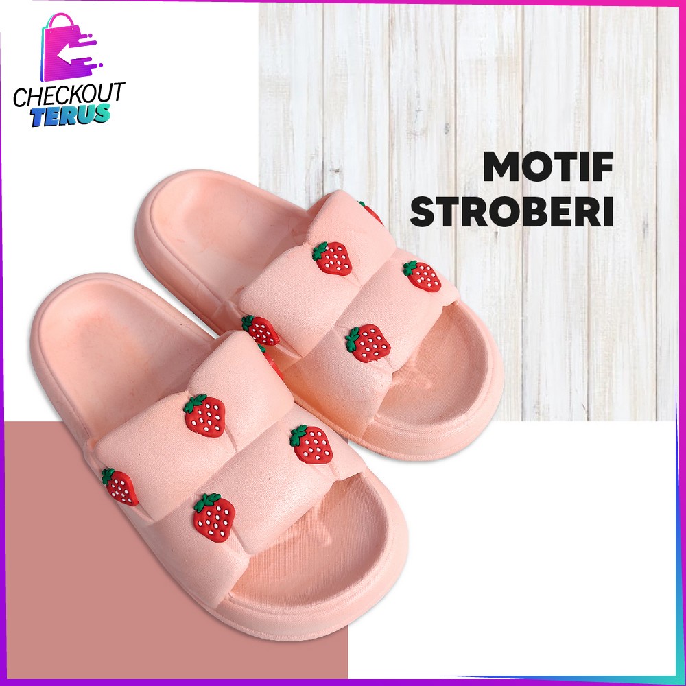 CT S50 Sandal Selop Wanita Bahan PVC Motif Strawberry Korean Style Elastik Empuk Anti Slip Import Sendal Jelly Soft Slipper