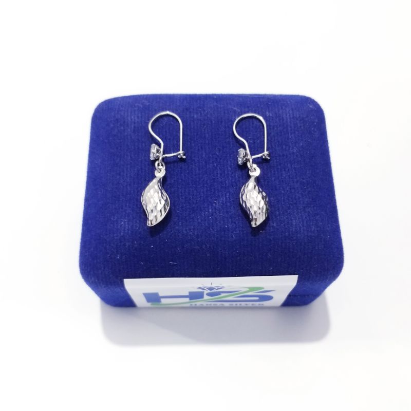 Anting Perak Asli Silver 925 Lapis Emas Putih Model Agogo Daun Ukir - Perak Asli 925 Anti Karat