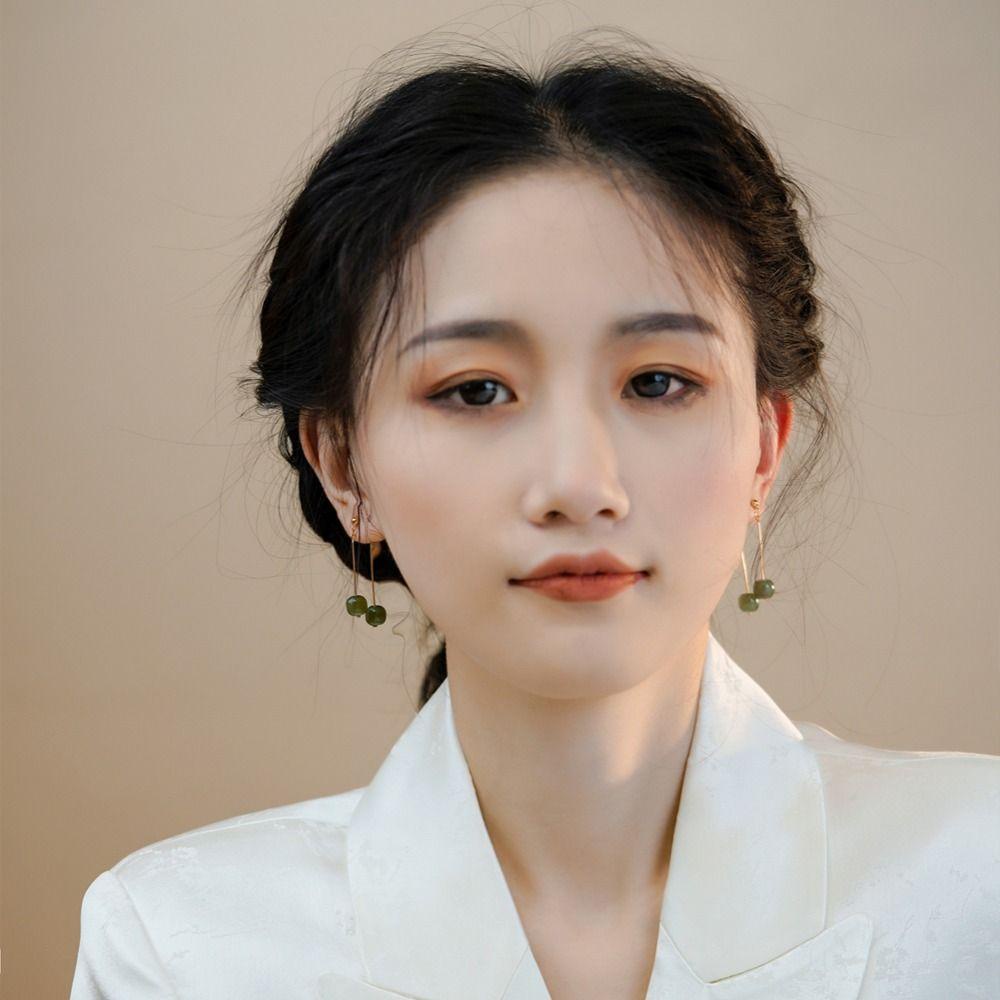 Needway  Wanita Menjuntai Anting Geometris Sederhana Imitasi Giok Gaya Kuno Tembaga Hanfu Aksesoris Fashion Hoop Earrings