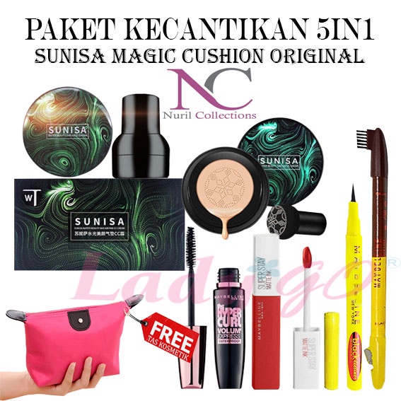 Paket Kecantikan Wanita 5in1 - Paket Bedak Sunisa Magic Cushion Original + Maskara Hitam + Lipcream Matte + Eyeliner Spidol + Pensil Alis 2in1 - Free Tas Kosmetik Cantik