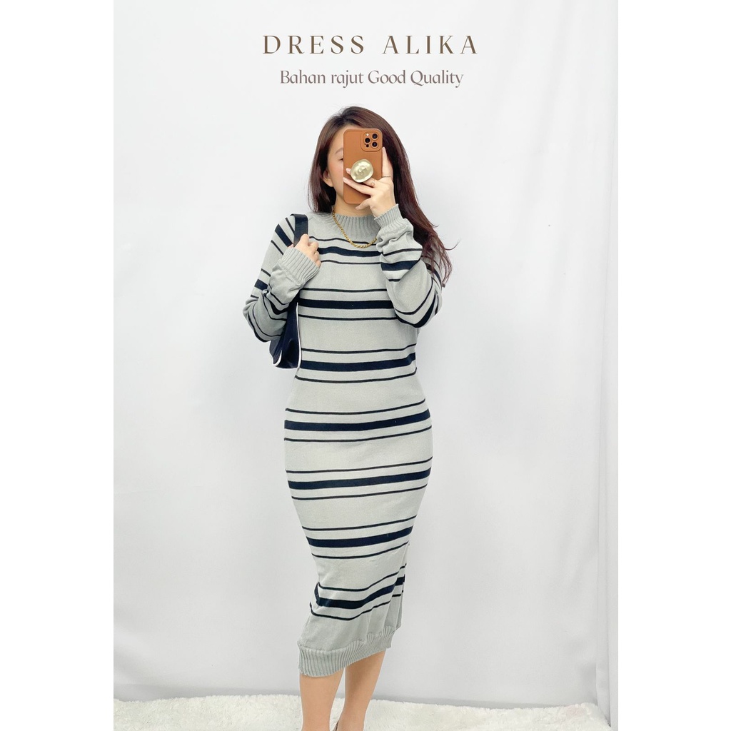HOPYLOVY - Dress Bahan Rajut Wanita Tebaru Lengan Panjang Alika Salur