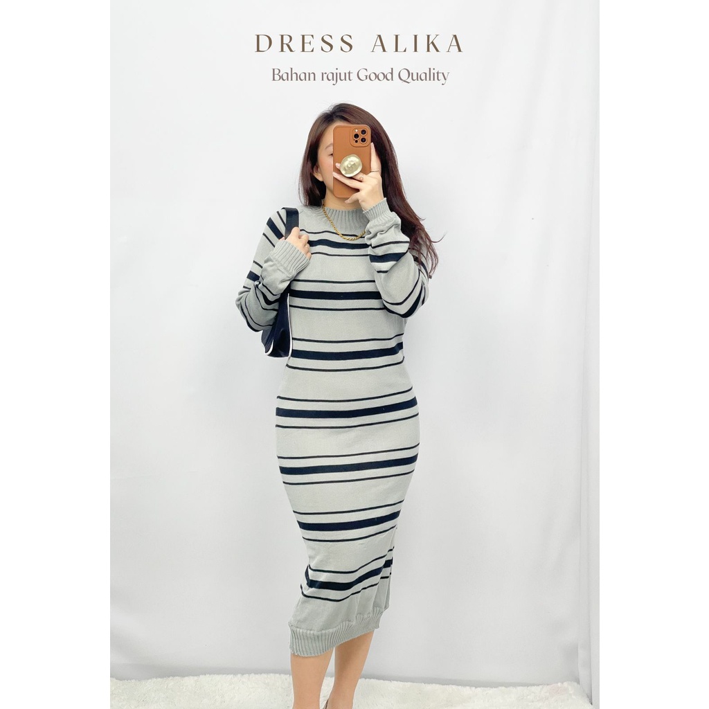 HOPYLOVY - Dress Bahan Rajut Wanita Tebaru Lengan Panjang Alika Salur