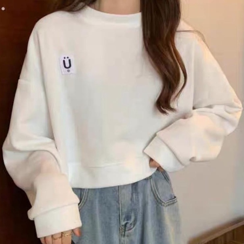 Sweater Crop Wanita Give U Smile - Korean Style Sweatshirt - Baju Wanita Basic U Crope Terbaru - Bahan Fleece - Ukuran Allsize