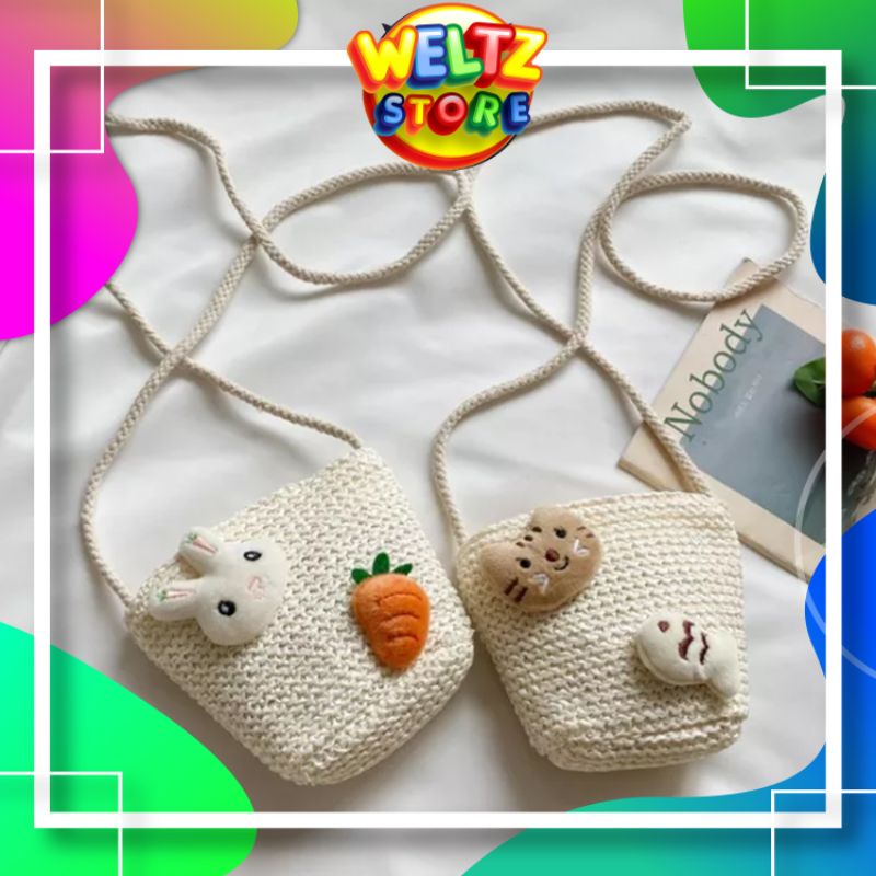 Tas Selempang Anak Import Bahan Rajut Motif Bunga Pearl Model Korea / Slingbag Import Anak