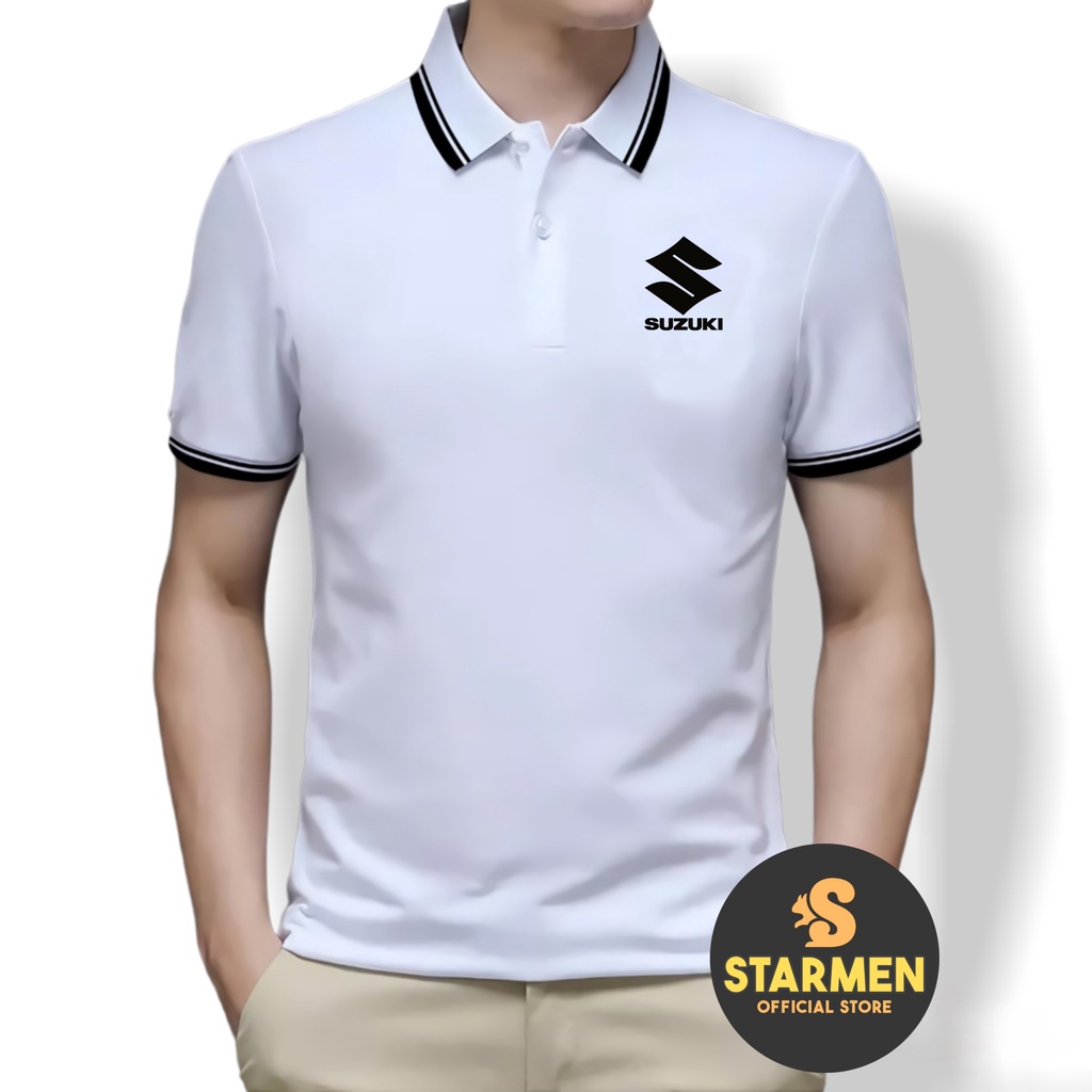 Kaos Polo Shirt Pria Kerah List Putih Logo SUZUKI