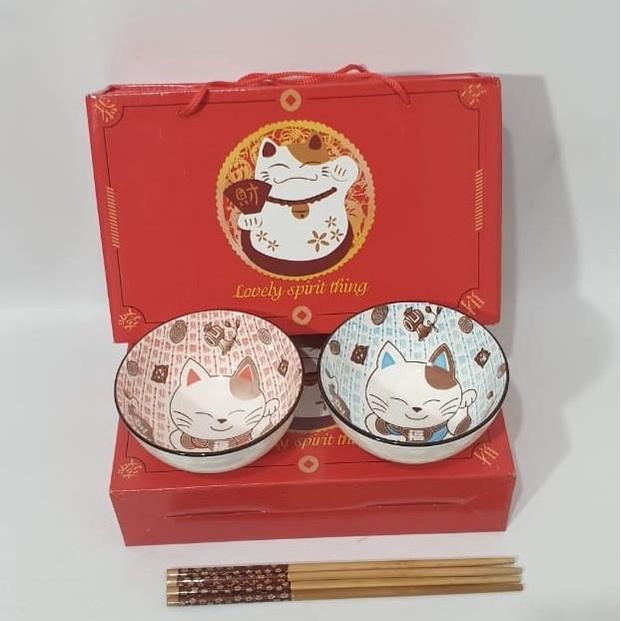 Mangkok Keramik Kucing Lucu Cat Cute Bowl Japanese Premium Gift Set