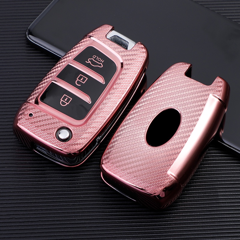 Casing Kunci Mobil Model Flip Bahan Carbon Fiber TPU Untuk Hyundai Elantra Solaris Tucson i30 i35 i40 KONA Genesis Santa Fe Azera